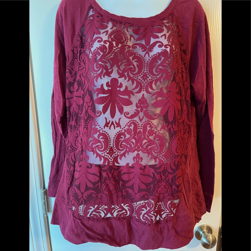 LB 14/16 Long sleeve, wine colored, sheer front shirt.
